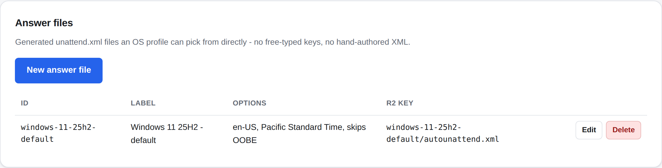 Answer Files tab with the new-answer-file button and catalog table