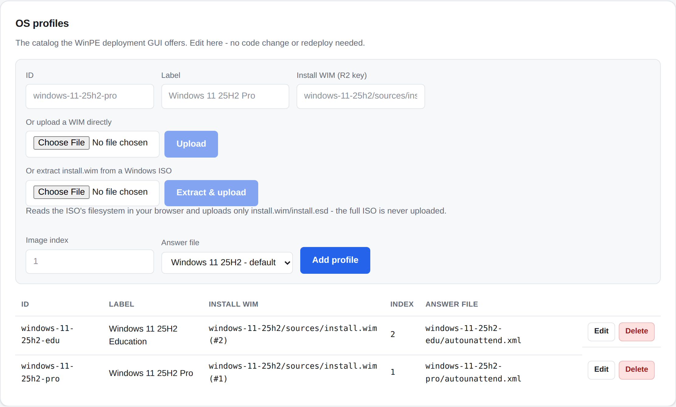 OS Profiles tab with the add-profile panel and catalog table